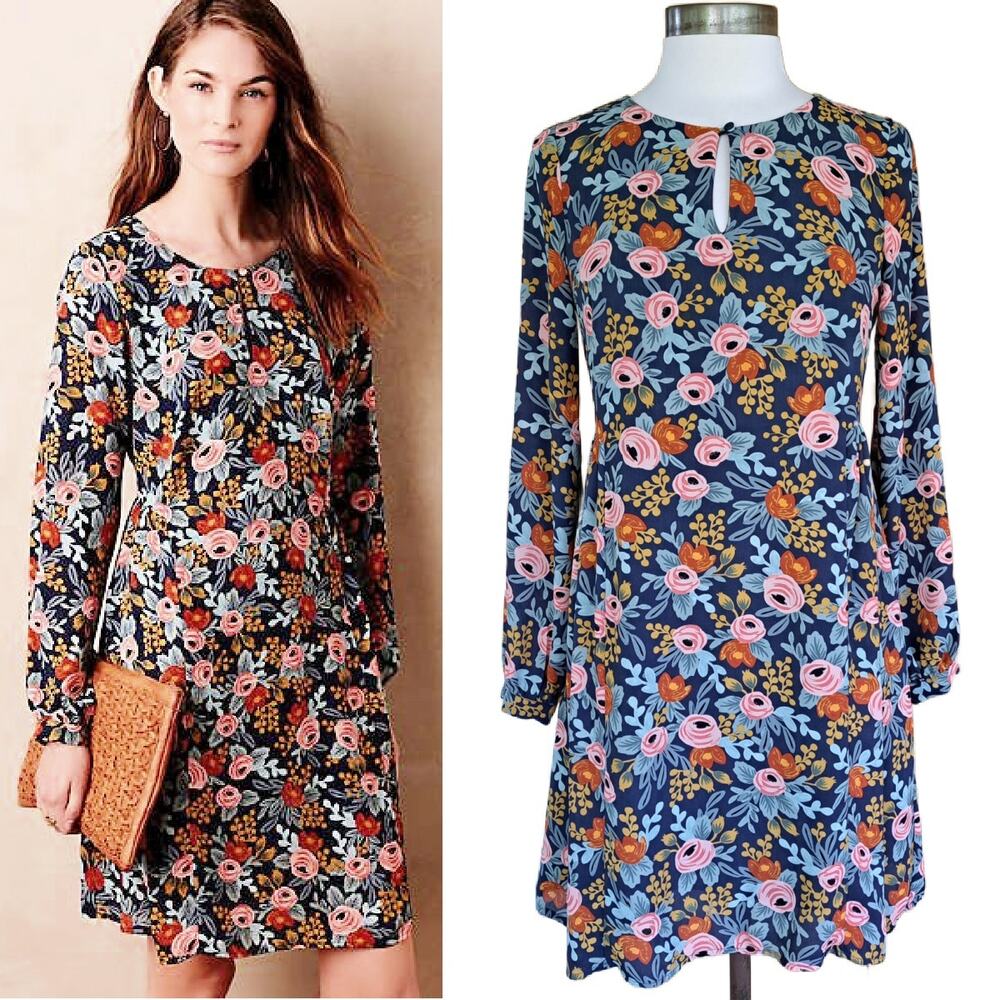 Anthropologie x Rifle Paper Co. Efflorescence Blue Floral Swing Mini Dress XS
